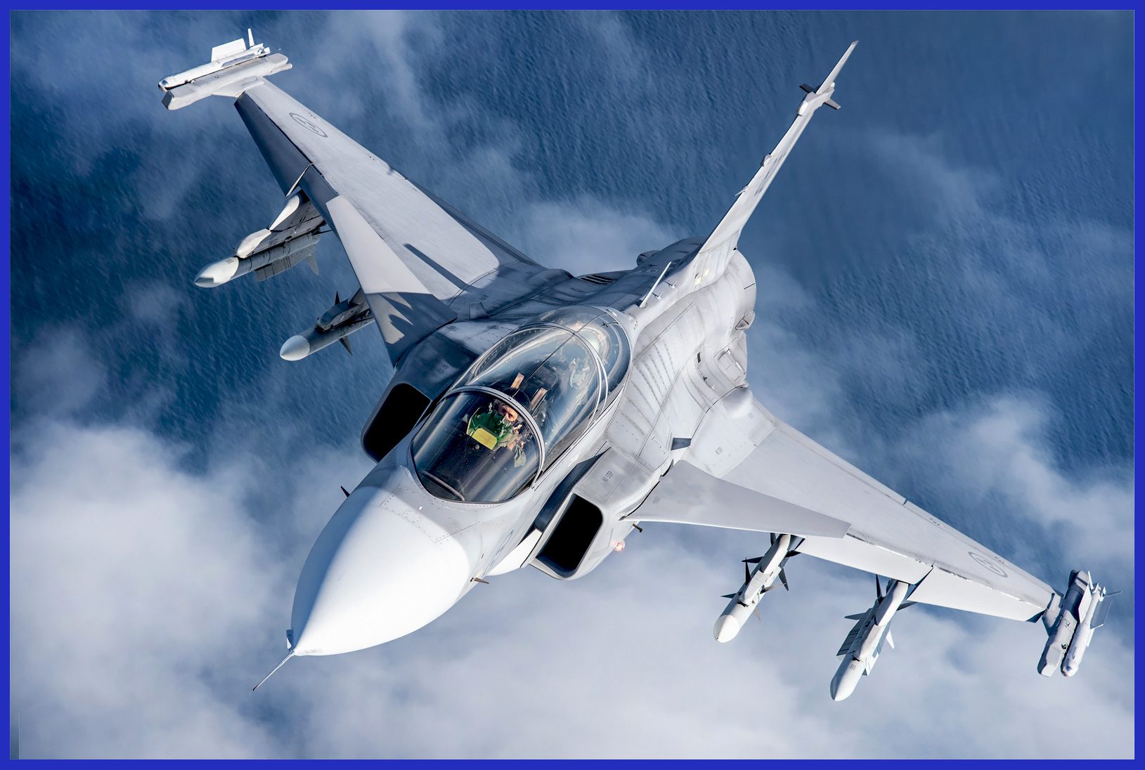 A highly lethal and advanced configuration of air-to-air missiles, comprising IRIS-T on the wingtips, along with two Meteor and two AMRAAM Beyond Visual Range (BVR) missiles. In a real combat scenario, Gripen pilots will undoubtedly make sure that some splashes are counted!