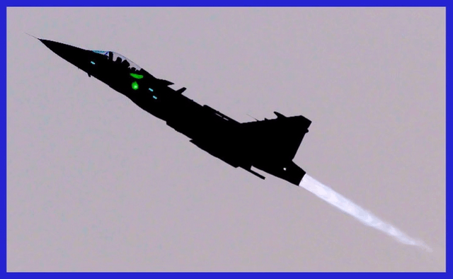 The Swedish Saab JAS-39E/F Gripen is taking off with the afterburner