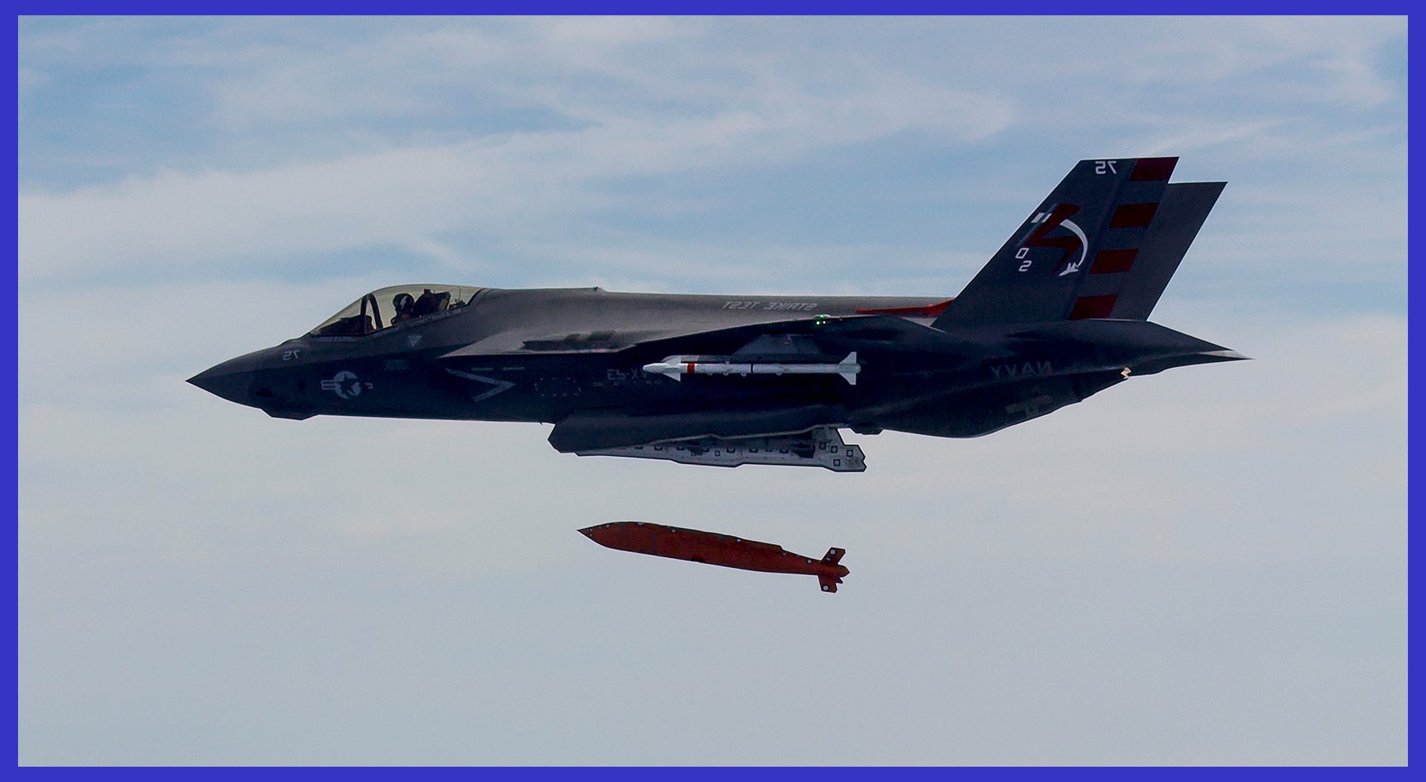 On March 23, the F-35 Lightning II Pax River Integrated Test Force conducted the first weapons separation test of an AGM-154 JSOW from an F-35C Lightning II carrier variant. Cmdr. Ted Dyckman, a test pilot for the US Navy's F-35, dropped an inert JSOW from aircraft CF-05 during flight 180 over the NAVAIR Atlantic Test Ranges. Photo Credit: U.S. Navy, Dane Wiedmann.