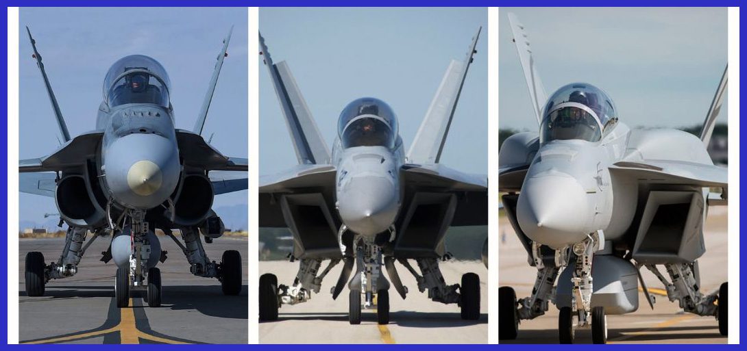 The evolution of F-18 designs starts from the left with the F/A-18A Hornet, which has a D-shaped air intake, followed by the F/A-18E Super Hornet with a rectangular air intake, and finally, the F/A-18F Super Hornet with a Conformal Fuel Tank