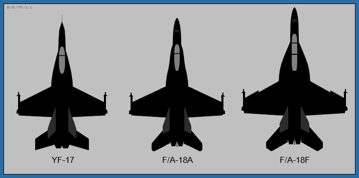 A distinctive comparison of the F-18 design evolution can be clearly seen first in their forward wing leading-edge extensions and then in their horizontal tail design differences