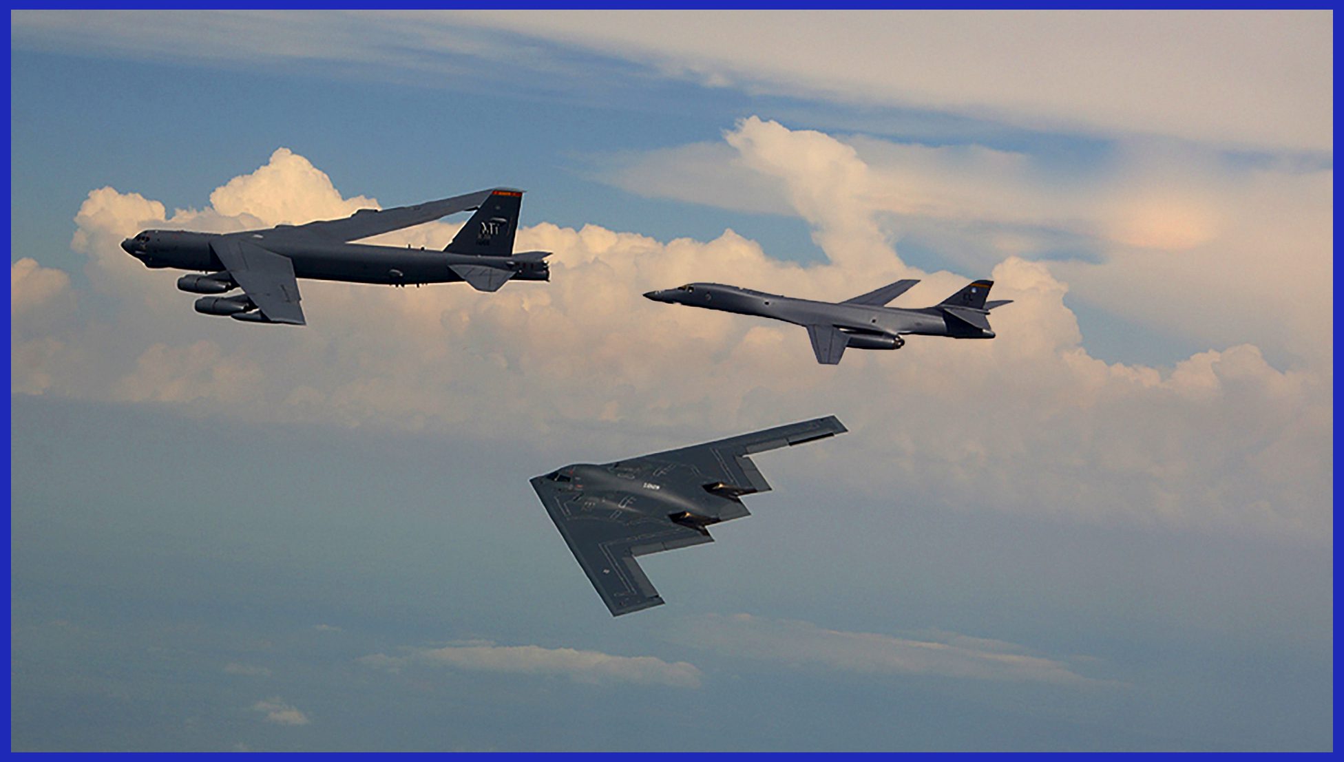 Air Force Global Strike Command (AFGSC) presented a formation flight of the B-52 Stratofortress, B-1 Lancer, and B-2 Spirit during the Dyess Air Force Base Air Show 2015.