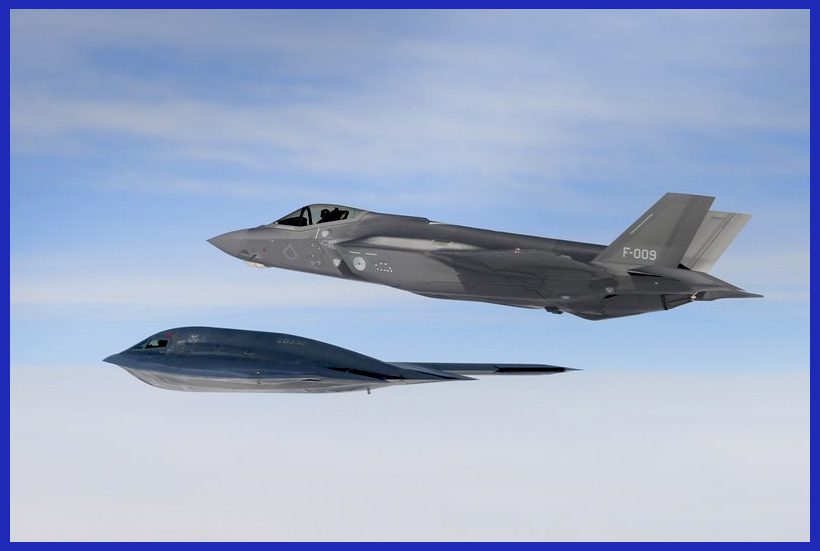 Photo Credit: USAF / Bomber Task Force Europe 20-2 is supported by a U.S. 509th Bomb Wing B-2A Spirit and a Royal Netherlands Air Force F-35A during operations over the North Sea on March 18, 2020. Bomber flights offer the chance to practise combined and joint operations and exercises with NATO allies and theatre partners. 