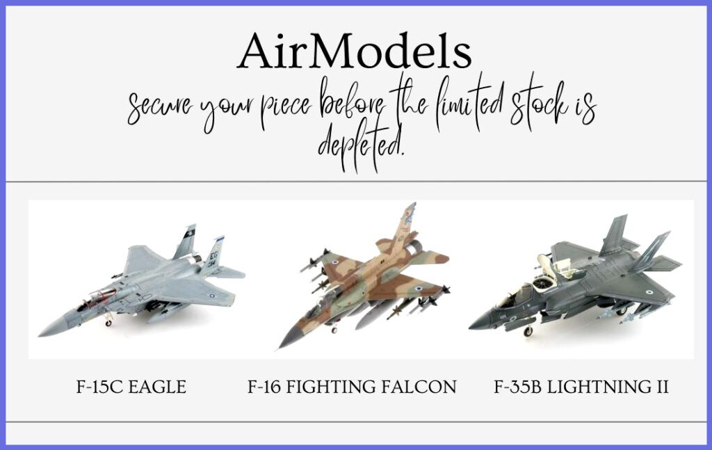 Alongside this article, seize the exclusive opportunity to acquire premium-scale diecast models of legendary fighter jets, including the McDonnell Douglas F-15C Eagle, F-16 Fighting Falcon, and Lockheed Martin F-35B Lightning II. These remarkable and iconic long-range military fighters boast impeccable track records and are now available for purchase on AirModels with worldwide delivery. Click here now to secure your piece before the limited stock is depleted.