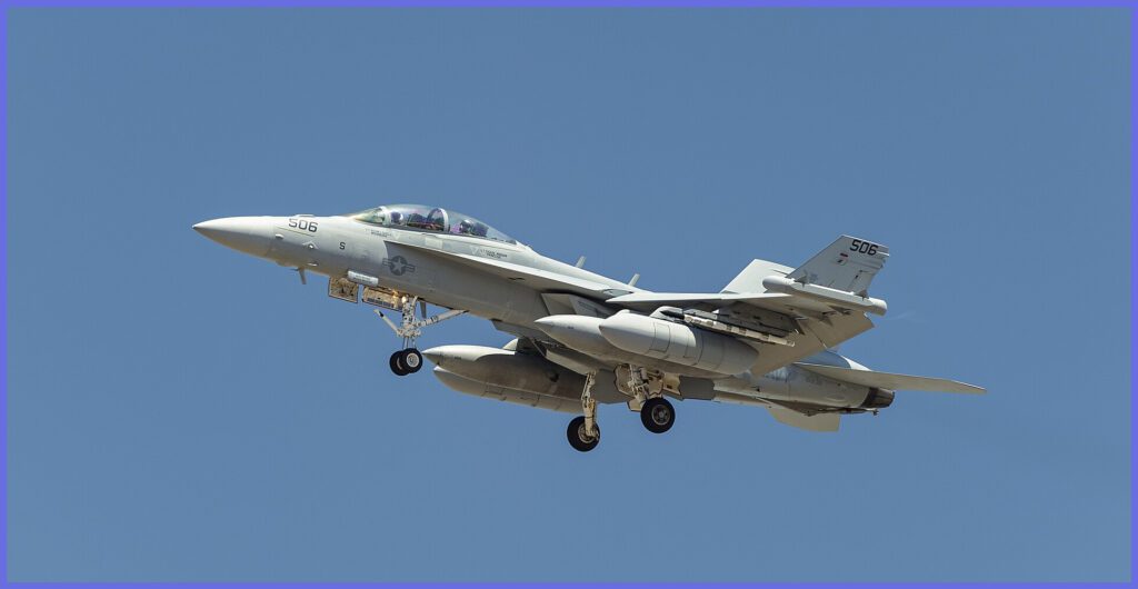 An EA-18G aircraft image during takeoff from Point Mugu Naval Air Station in August 2023.