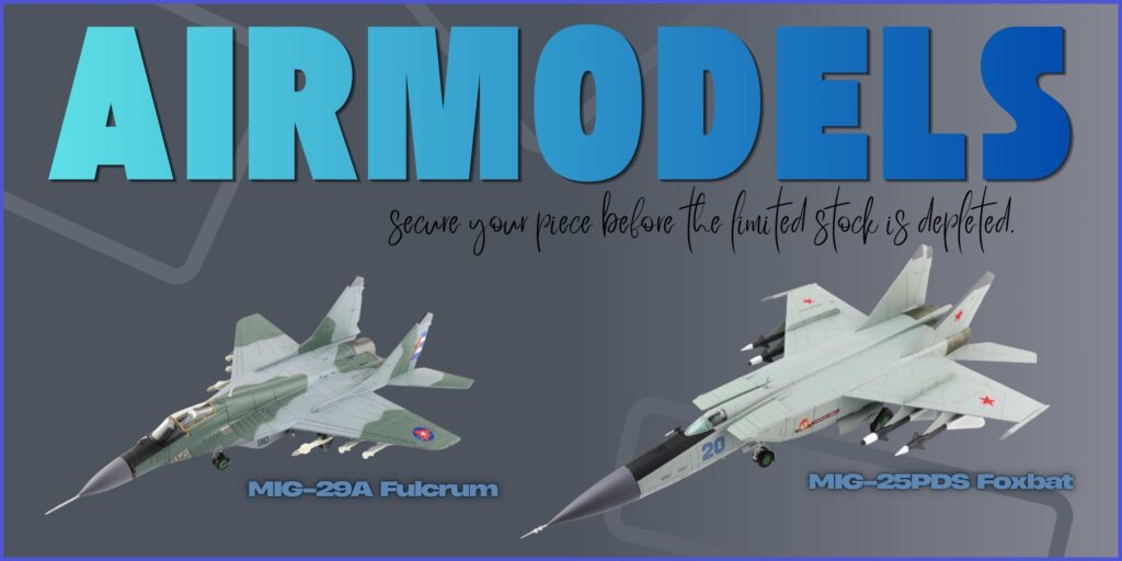 Explore a rare opportunity to own expertly crafted 1/72 scale die-cast models of legendary fighter aircraft, including the iconic Russian Mikoyan-Gurevich MiG-29A Fulcrum and MiG-25PDS Foxbat. Available exclusively through AirModels, each model showcases exceptional craftsmanship, outstanding accuracy, and remarkable attention to detail. Inspired by two of the Soviet Union's most renowned combat aircraft, these collector-grade replicas are available with worldwide shipping. Stocks are limited, so secure yours before they disappear from the inventory.